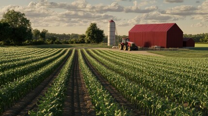 Poster - A Tractor Parked in Front of a Red Barn and Cornfield