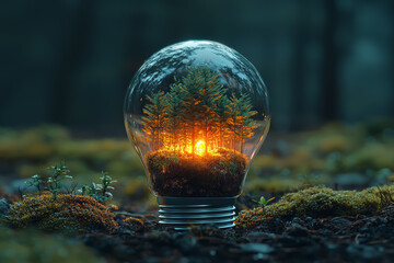 A forest growing inside a lightbulb, showing the need for environmentally conscious energy solutions. Concept of eco-friendly innovation.