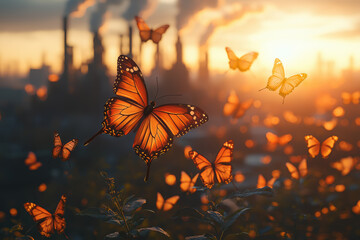 Poster - a factory with smokestacks that release butterflies instead of smoke, representing clean energy. con
