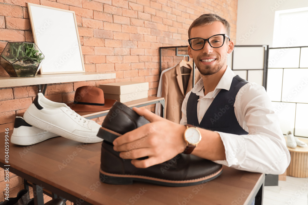 Young businessman taking new shoes from shelf in store