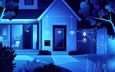 Poster - Modern smart home entrance illuminated at night with digital connectivity and security features promoting safety and convenience
