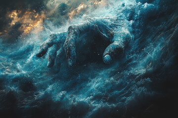 Aufkleber - A deity shaping oceans and landmasses from nothing, representing the creation of the Earth. Concept of cosmic creation.