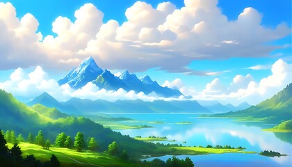 Lake and mountain reflect in blue sky with green trees and clouds in the art