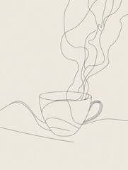 Poster - A simple continuous line art depicts a tea cup with soft steam lines, evoking a feeling of warmth and tranquility in a minimalist design. Generative AI