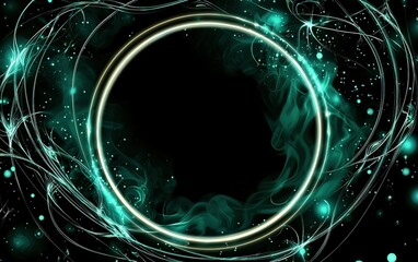 Poster - Mystical glowing circular design with teal fog and shimmering particles against a dark background
