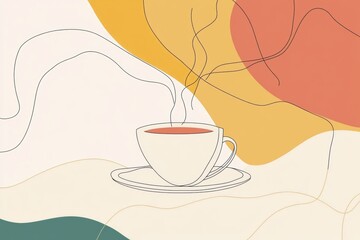 Poster - A continuous line illustration depicts a tea cup with gentle steam, surrounded by abstract forms in warm colors, evoking a cozy atmosphere. Generative AI