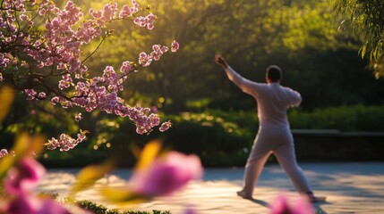 Poster - A person practicing tai chi in a serene garden with blooming cherry blossoms, symbolizing harmony and mindfulness in nature, Tai Chi scene
