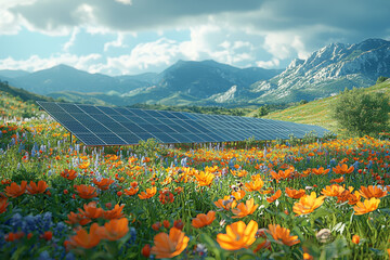 A community rallying around a solar farm, showing the collective effort to move toward renewable energy. Concept of energy sustainability.