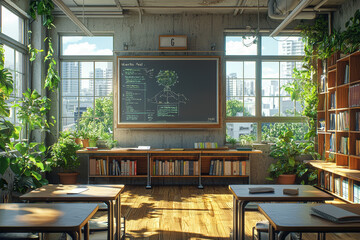 Poster - A classroom with adaptive AI technologies that evolve based on student needs, illustrating personalized learning experiences. Concept of AI in adaptive learning.