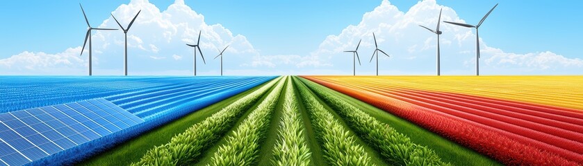 A vibrant landscape showcasing renewable energy with solar panels and wind turbines under a clear blue sky.