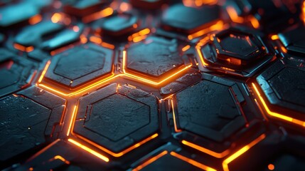Wall Mural - futuristic hexagonal forms with glowing edges and metallic textures