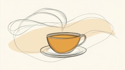 Poster - This artwork depicts a minimalistic tea cup with soft steam flowing upward, evoking warmth and tranquility in a serene setting. Generative AI