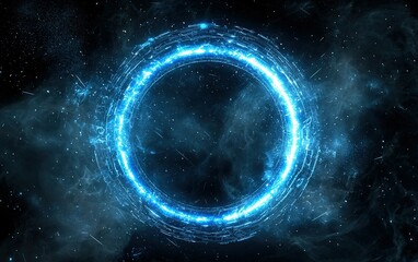 Poster - an abstract blue glowing portal surrounded by cosmic dust in a dark space background at night