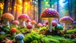 © Black and White  - Colorful dots mushrooms growing in lush forest