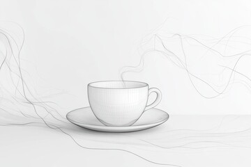 Poster - A simple continuous line design illustrates a tea cup resting on a saucer, with gentle steam lines curling above in an artistic manner. Generative AI