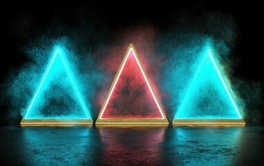 Poster - Colorful glowing triangular shapes illuminated in a dark space with smoke effects during a vibrant visual display