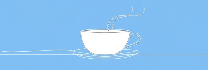 Poster - This artwork features a minimalist line drawing of a tea cup with gentle steam, conveying warmth and comfort in a soothing blue setting. Generative AI