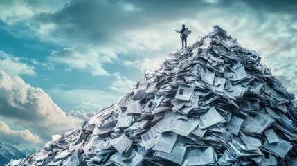 Aufkleber - A powerful depiction of a person scaling a mountain made of office paperwork and digital devices, symbolizing the challenge of reaching success amidst professional and technological demands