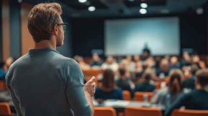 A man in a blue shirt and glasses stands facing a large audience in a lecture hall.  The speaker is giving a presentation with a projector screen behind him.