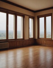 A large empty room with wooden parquet floors and a window letting in natural light