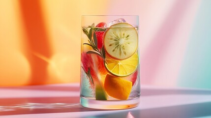 Wall Mural - Refreshing summer drink with fruit and ice in a glass.