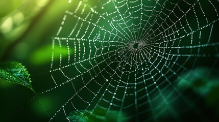 Creepy glowing spider web with tiny drops of dew against dark green background. Eerie banner or backdrop for design with copy space. Concept of fear and Halloween atmosphere