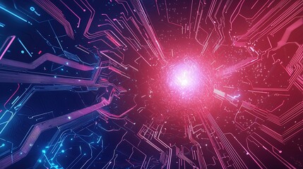Poster - Abstract digital artwork depicting vibrant neon circuits and energy radiating from a central point, showcasing technological themes and colors
