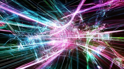 Poster - Colorful abstract light trails represent dynamic movement in a digital space with vibrant hues at night