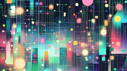Poster - Colorful abstract digital artwork depicting vibrant lights and shapes above a city skyline at night