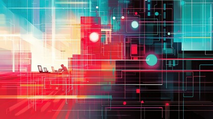 Poster - A vibrant digital workspace illustrating technology and creativity in a modern office environment