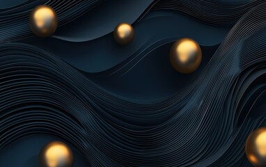 Poster - Elegant waves of dark textures with golden spheres creating a sophisticated abstract design