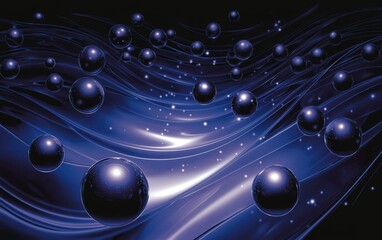 Poster - Digital abstract art featuring floating spheres amidst flowing blue waves with sparkling stars, creating a futuristic ambiance
