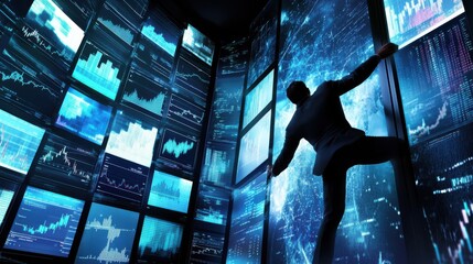 Aufkleber - A powerful scene of a person breaking through a wall of screens displaying financial graphs, representing the struggle to overcome economic pressures, High-tech environment