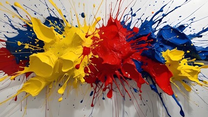 Wall Mural - An explosion of vibrant colors and splashes of paint in bright yellow, fire engine red and electric blue tones on a pure white background.