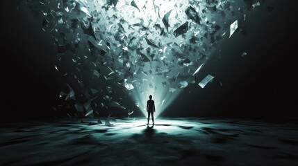 Poster - A powerful visual of a person standing in a spotlight on a stage filled with abstract representations of emotions and thoughts