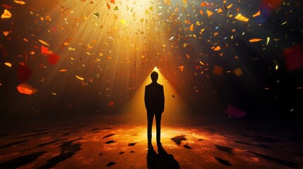 Poster - A powerful visual of a person standing in a spotlight on a stage filled with abstract representations of emotions and thoughts