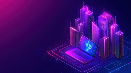 Poster - A vibrant digital scene showcasing a laptop connected to a wireless network amidst a backdrop of glowing skyscrapers at night