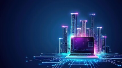Poster - a modern laptop displaying digital city skyline graphics with vibrant neon effects against a dark ba