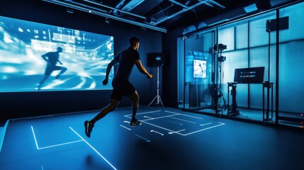 Poster - A professional athlete training rigorously in a state-of-the-art sports biomechanics lab with advanced motion capture technology, Sports biomechanics scene, High-tech style