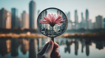 Poster - A reflective visual of a person holding a magnifying glass over a blooming flower that gradually transitions into a cityscape
