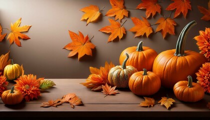 Wall Mural - pumpkin and autumn leaves