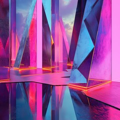 Wall Mural - sharp angular shapes with vibrant neon lighting and reflective textures