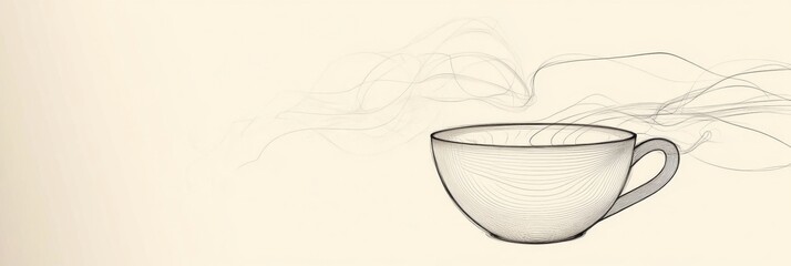 Poster - A continuous line art depicts a tea cup with soft steam lines, evoking a peaceful and cozy ambiance perfect for relaxation. Generative AI