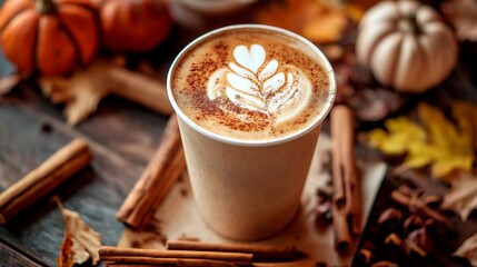 coffee latte in cup with autumn leaves and fall foliage.