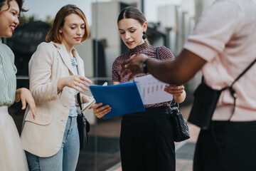 Wall Mural - A diverse group of business professionals engaged in a collaborative meeting outdoors, discussing documents and planning strategies for a project in a city setting.