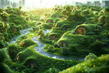 Poster - a city with roads made of grass, symbolizing a greener approach to urban design. concept of eco-frie