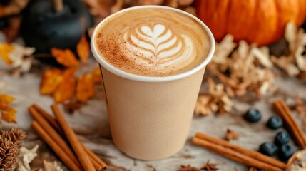 coffee latte in cup with autumn leaves and fall foliage.