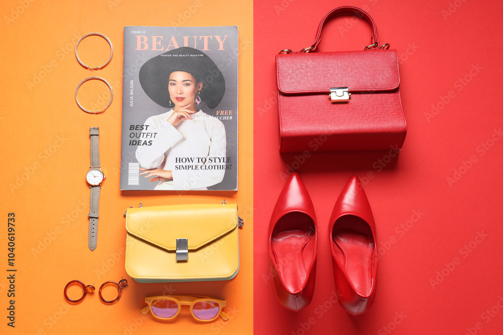 Stylish bags, magazine and different accessories on color background