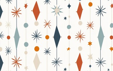 Poster - Colorful mid-century modern pattern featuring geometric shapes and star motifs on a light background