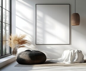 Blank white poster mockup in a modern living room with minimalist decor and clean lines. 3d rendering